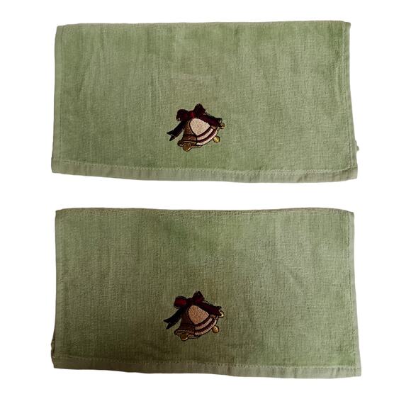Set of 2 Holiday Washcloths Sage Green Christmas Bells Rustic Lodge Cabin 12" - Picture 3 of 9